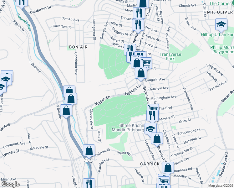 map of restaurants, bars, coffee shops, grocery stores, and more near 132 Nobles Lane in Pittsburgh