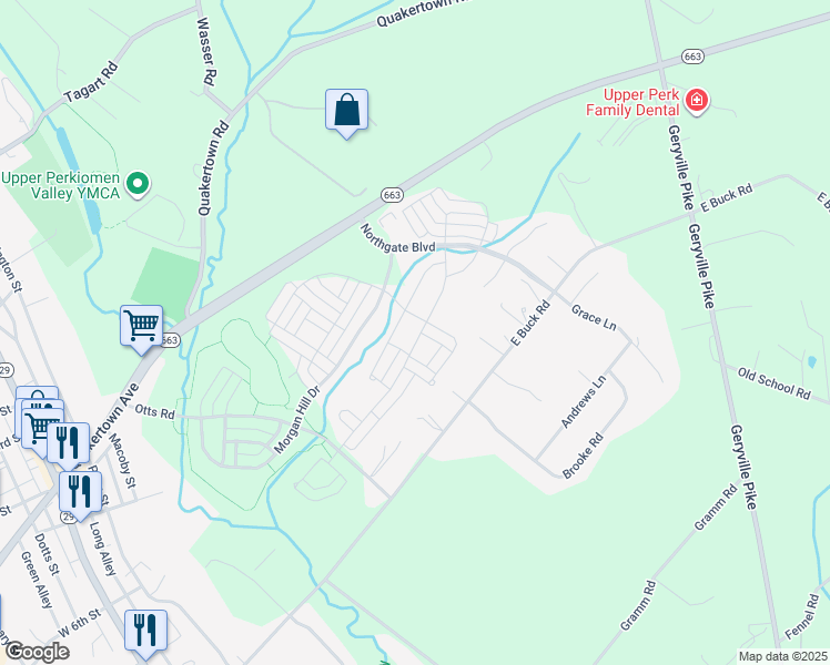 map of restaurants, bars, coffee shops, grocery stores, and more near 2136 Sunnyvale Drive in Pennsburg