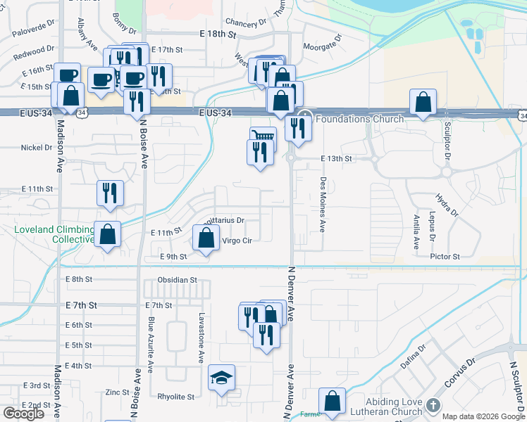 map of restaurants, bars, coffee shops, grocery stores, and more near 2182 Virgo Circle in Loveland