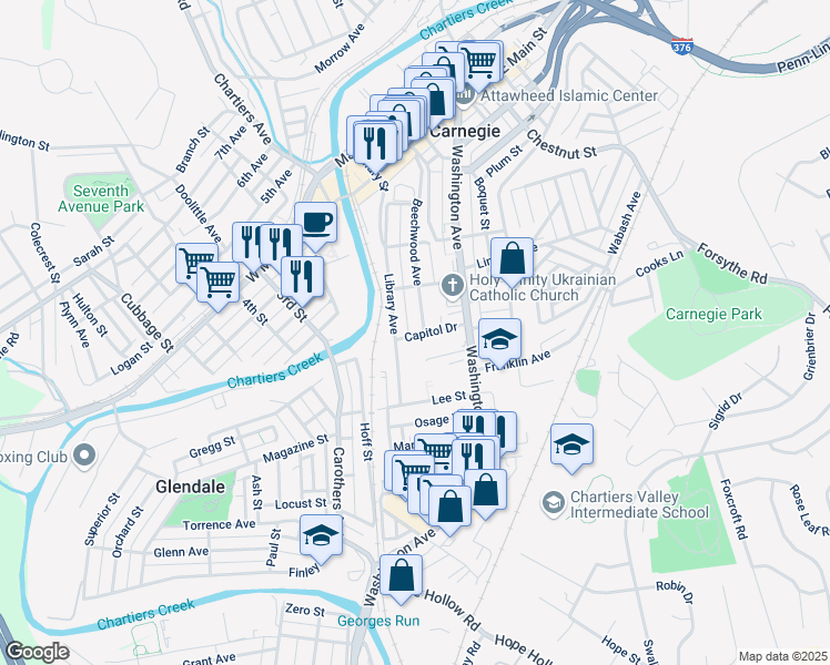 map of restaurants, bars, coffee shops, grocery stores, and more near 820 Capital Drive in Carnegie