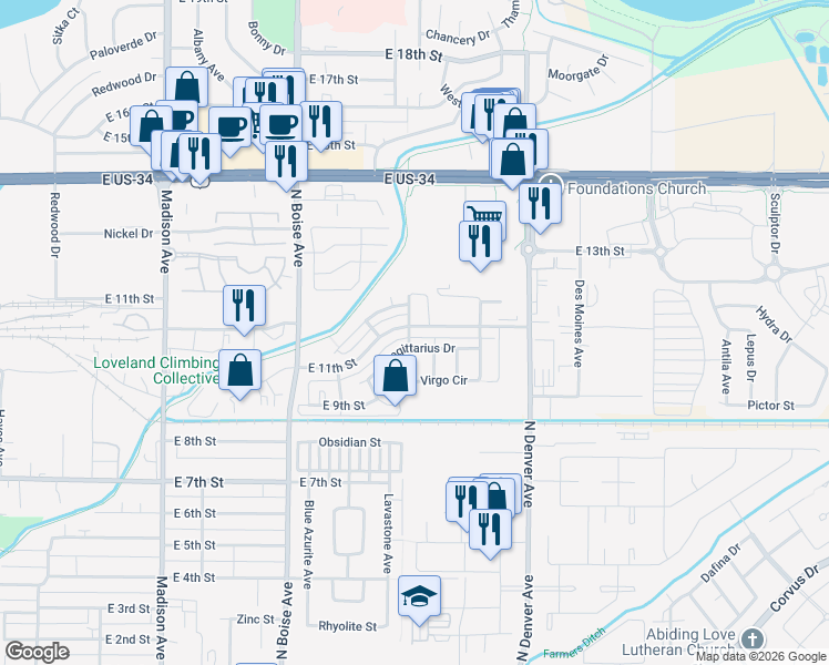 map of restaurants, bars, coffee shops, grocery stores, and more near 1906 Virgo Circle in Loveland