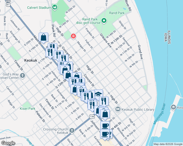 map of restaurants, bars, coffee shops, grocery stores, and more near 1112 High Street in Keokuk