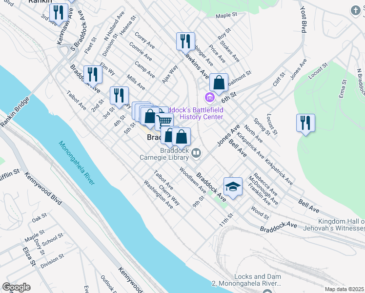 map of restaurants, bars, coffee shops, grocery stores, and more near 700 Parker Avenue in Braddock