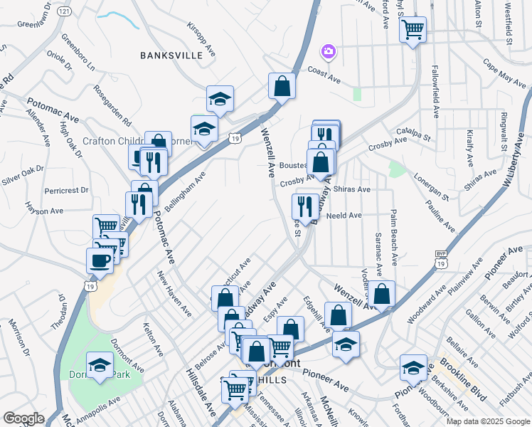 map of restaurants, bars, coffee shops, grocery stores, and more near 2500 Louisiana Avenue in Pittsburgh