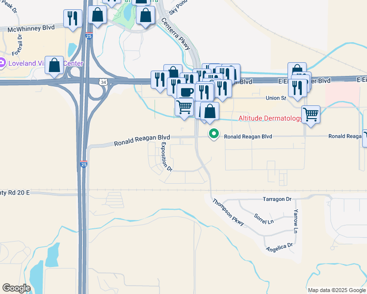 map of restaurants, bars, coffee shops, grocery stores, and more near 5100 Ronald Reagan Boulevard in Johnstown