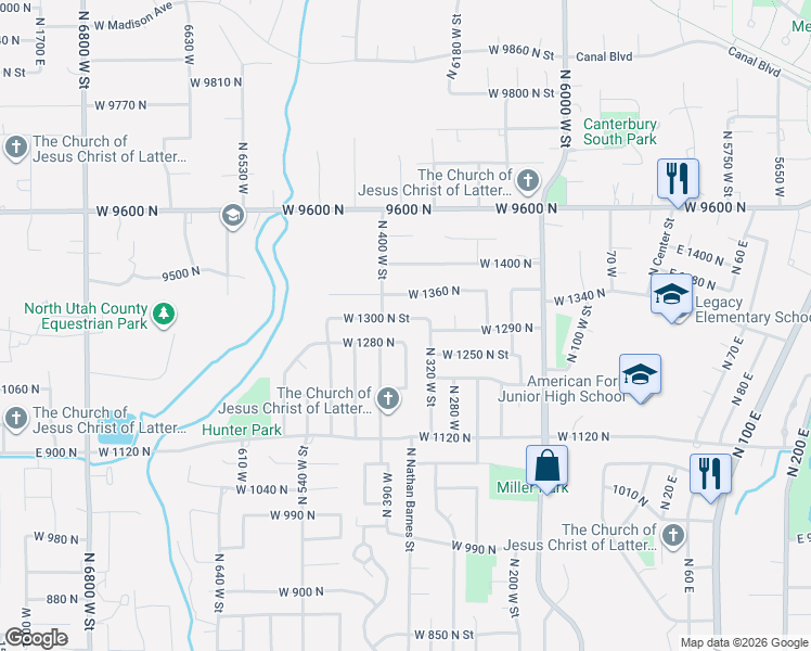 map of restaurants, bars, coffee shops, grocery stores, and more near 364 West 1280 North in American Fork