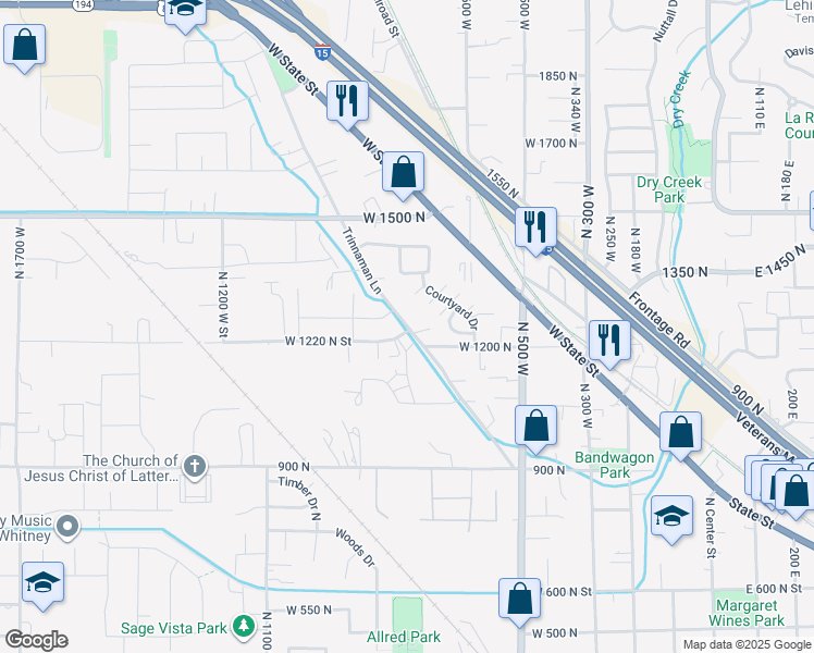 map of restaurants, bars, coffee shops, grocery stores, and more near 1200 Trinnaman Lane in Lehi