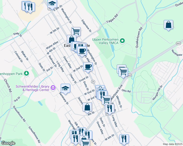 map of restaurants, bars, coffee shops, grocery stores, and more near 80 Main Street in Pennsburg