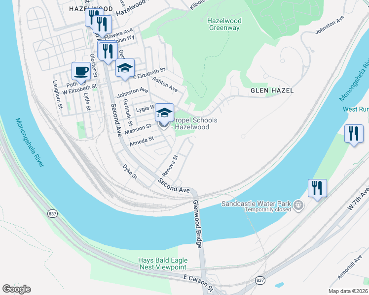 map of restaurants, bars, coffee shops, grocery stores, and more near 11 Alluvian Street in Pittsburgh