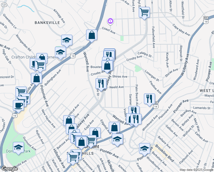 map of restaurants, bars, coffee shops, grocery stores, and more near 2300 Broadway Avenue in Pittsburgh