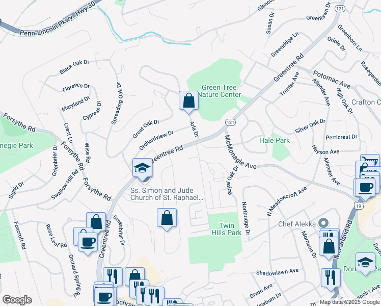 map of restaurants, bars, coffee shops, grocery stores, and more near 200 Chatham Park Drive in Scott Township