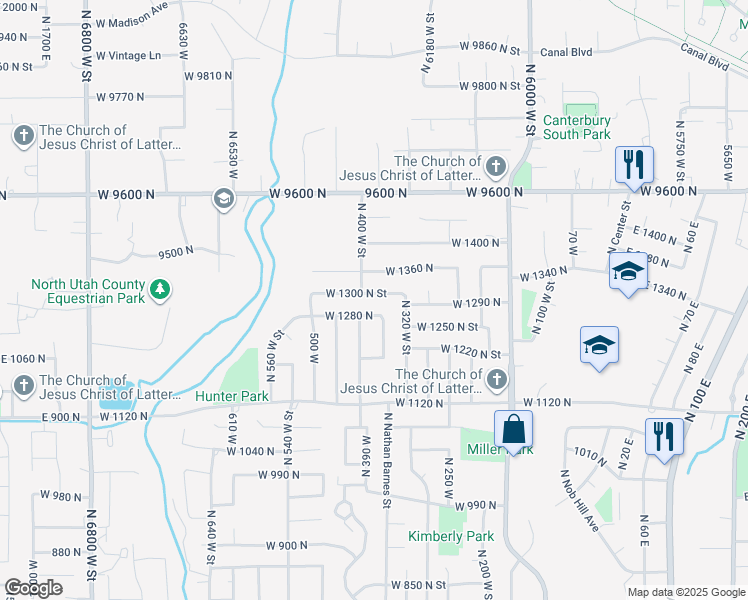 map of restaurants, bars, coffee shops, grocery stores, and more near 387 West 1300 North Street in American Fork