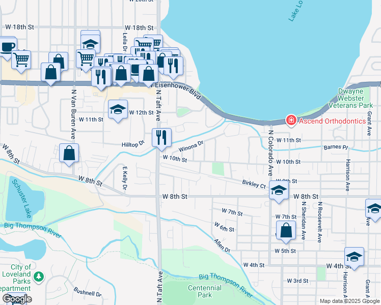 map of restaurants, bars, coffee shops, grocery stores, and more near 1009 Hahn Court in Loveland