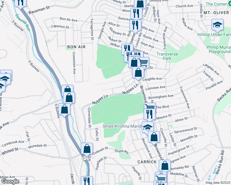 map of restaurants, bars, coffee shops, grocery stores, and more near 128 Nobles Lane in Pittsburgh