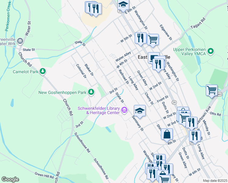 map of restaurants, bars, coffee shops, grocery stores, and more near 500 3rd Street in East Greenville