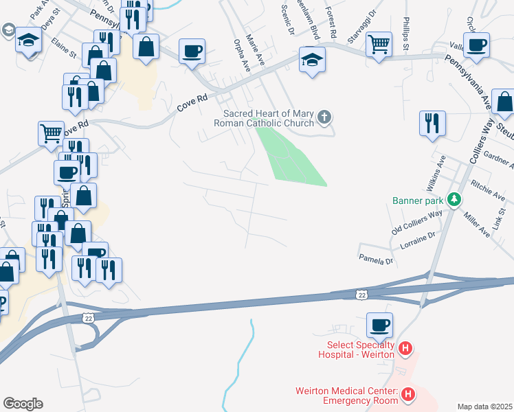 map of restaurants, bars, coffee shops, grocery stores, and more near 299 Nicholas Road in Weirton