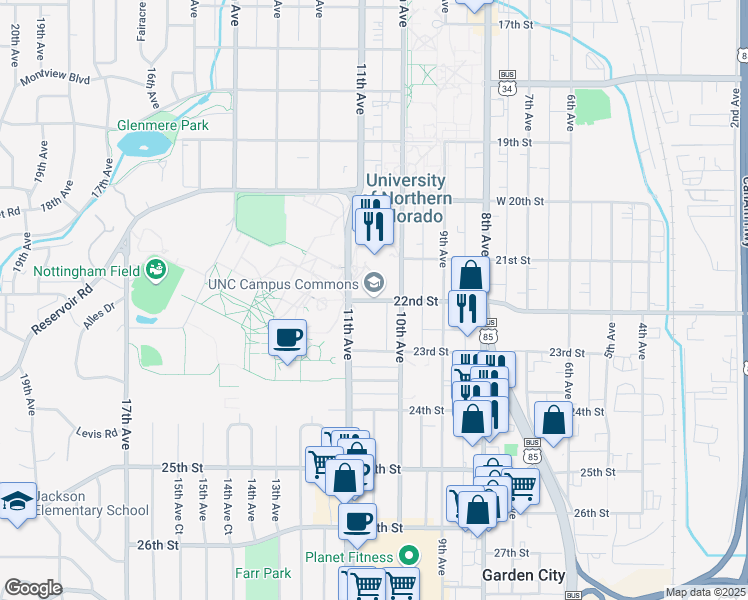 map of restaurants, bars, coffee shops, grocery stores, and more near 1051 22nd Street in Greeley