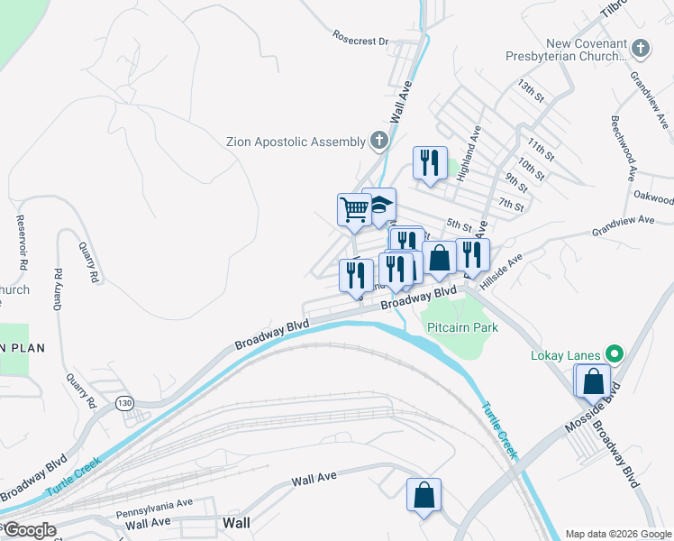 map of restaurants, bars, coffee shops, grocery stores, and more near 354 3rd Street in Pitcairn