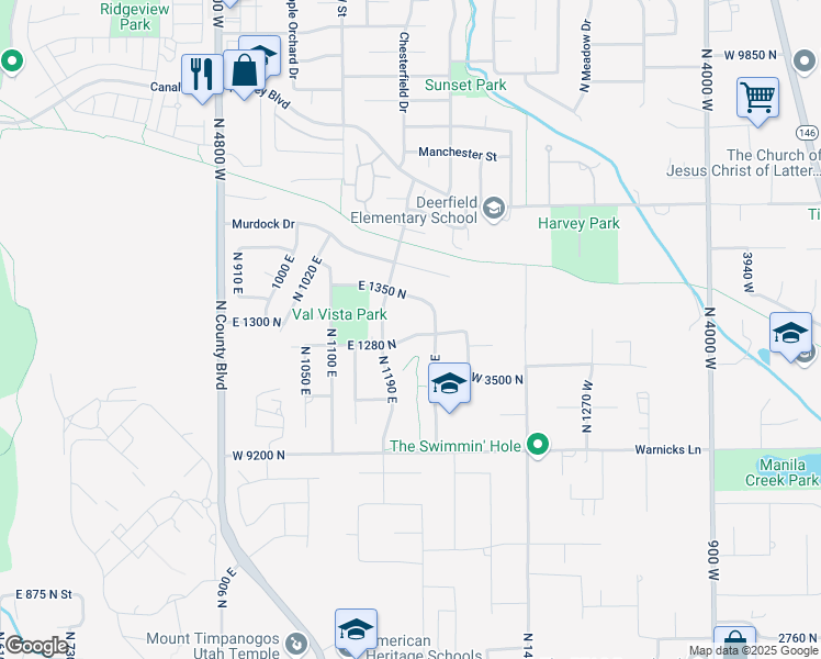map of restaurants, bars, coffee shops, grocery stores, and more near 1294 North 1190 East in American Fork