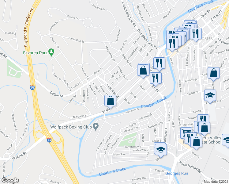 map of restaurants, bars, coffee shops, grocery stores, and more near 410 Cubbage Street Extension in Carnegie