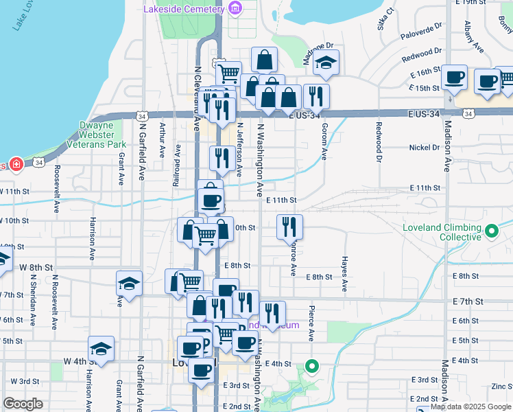 map of restaurants, bars, coffee shops, grocery stores, and more near 1023 North Washington Avenue in Loveland