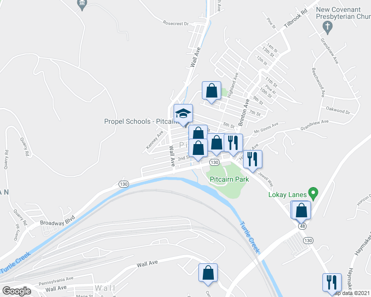 map of restaurants, bars, coffee shops, grocery stores, and more near 454 2nd Street in Pitcairn