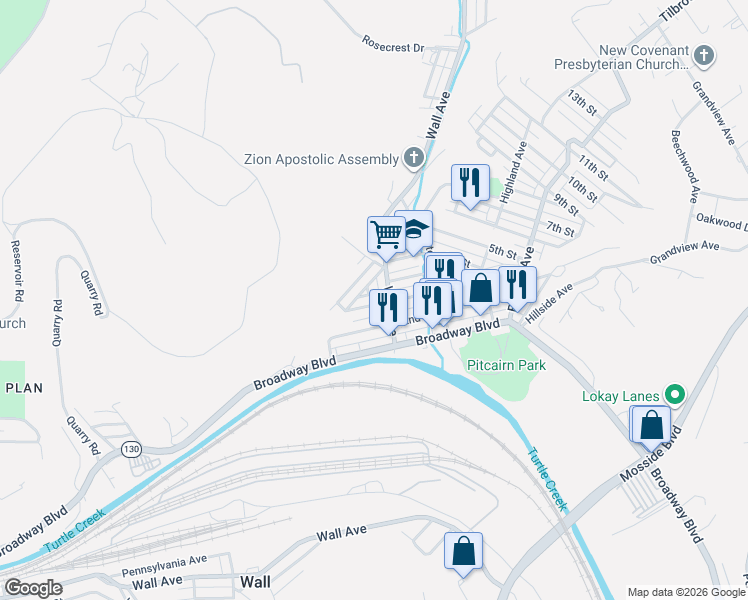 map of restaurants, bars, coffee shops, grocery stores, and more near 385 3rd Street in Pitcairn