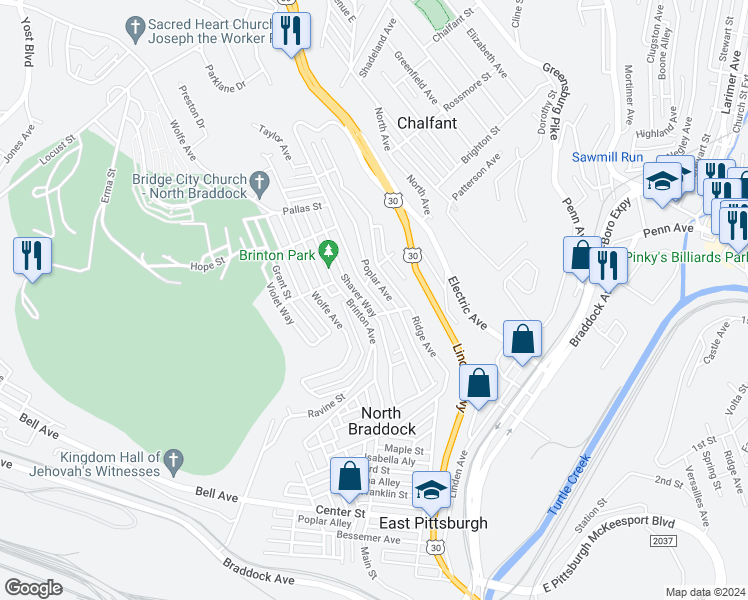 map of restaurants, bars, coffee shops, grocery stores, and more near 1545 Grandview Avenue in Braddock