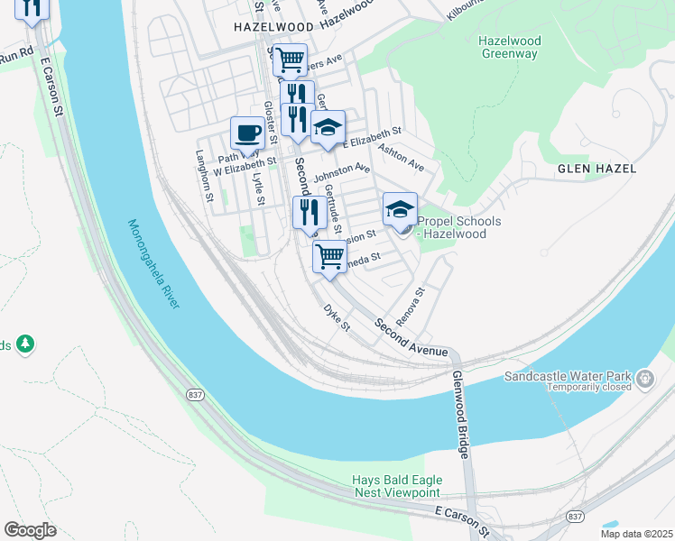 map of restaurants, bars, coffee shops, grocery stores, and more near 5423 Second Avenue in Pittsburgh