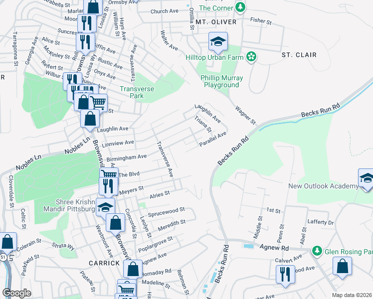 map of restaurants, bars, coffee shops, grocery stores, and more near 340 Parallel Avenue in Pittsburgh
