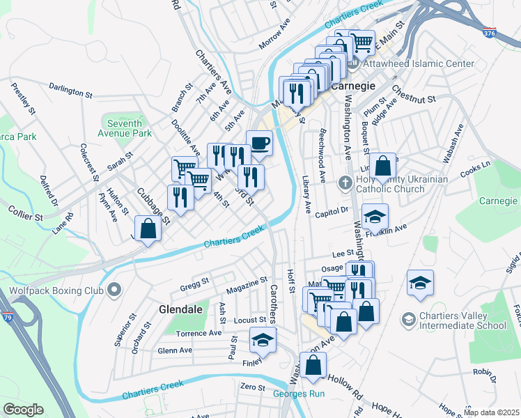map of restaurants, bars, coffee shops, grocery stores, and more near 308 1st Avenue in Carnegie