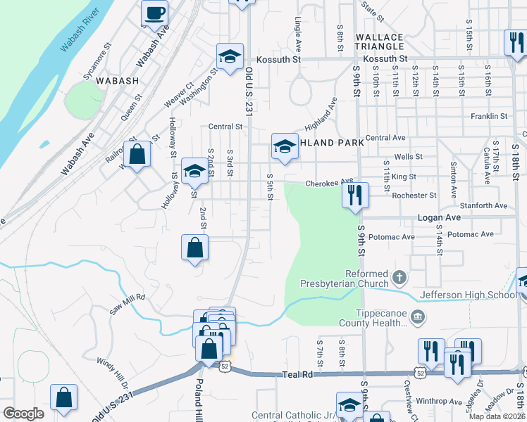 map of restaurants, bars, coffee shops, grocery stores, and more near 1422 South 5th Street in Lafayette
