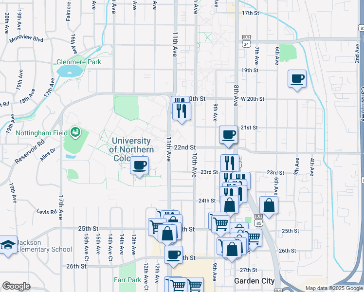 map of restaurants, bars, coffee shops, grocery stores, and more near 1051 22nd Street in Greeley