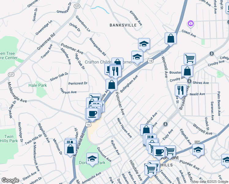 map of restaurants, bars, coffee shops, grocery stores, and more near 2945 U.S. 19 in Pittsburgh