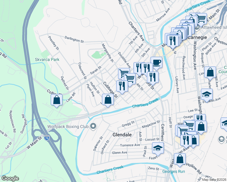 map of restaurants, bars, coffee shops, grocery stores, and more near 409 Cubbage Street in Carnegie