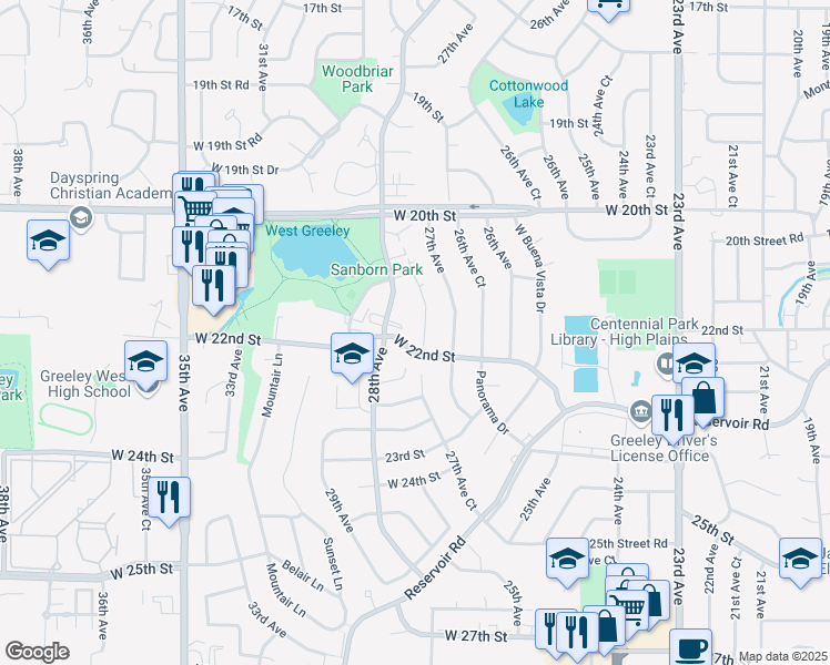 map of restaurants, bars, coffee shops, grocery stores, and more near 2153 27th Avenue Court in Greeley