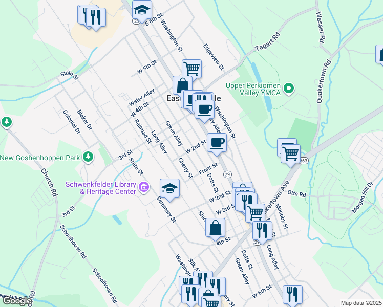 map of restaurants, bars, coffee shops, grocery stores, and more near 144 Jefferson Street in East Greenville