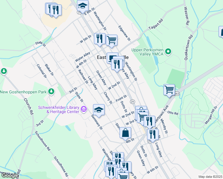 map of restaurants, bars, coffee shops, grocery stores, and more near 144 Jefferson Street in East Greenville