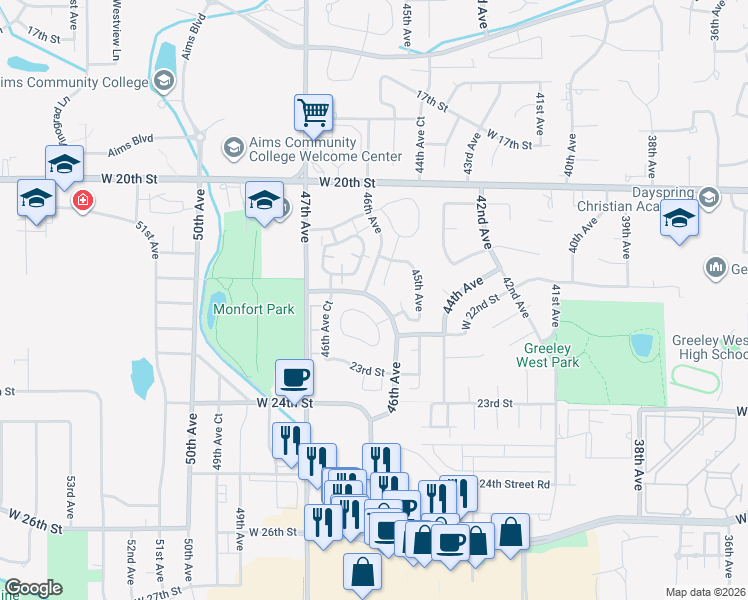 map of restaurants, bars, coffee shops, grocery stores, and more near 4606 West 21st Street Circle in Greeley