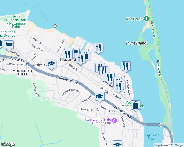 map of restaurants, bars, coffee shops, grocery stores, and more near 51 Atlantic Street in Highlands