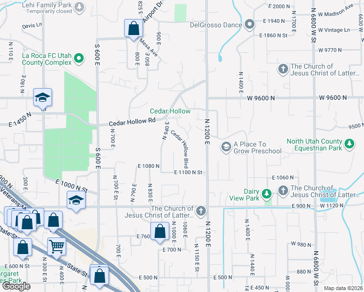 map of restaurants, bars, coffee shops, grocery stores, and more near 1272 Cedar Hollow Boulevard in Lehi