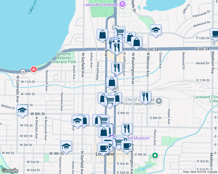 map of restaurants, bars, coffee shops, grocery stores, and more near 225 East 10th Street in Loveland