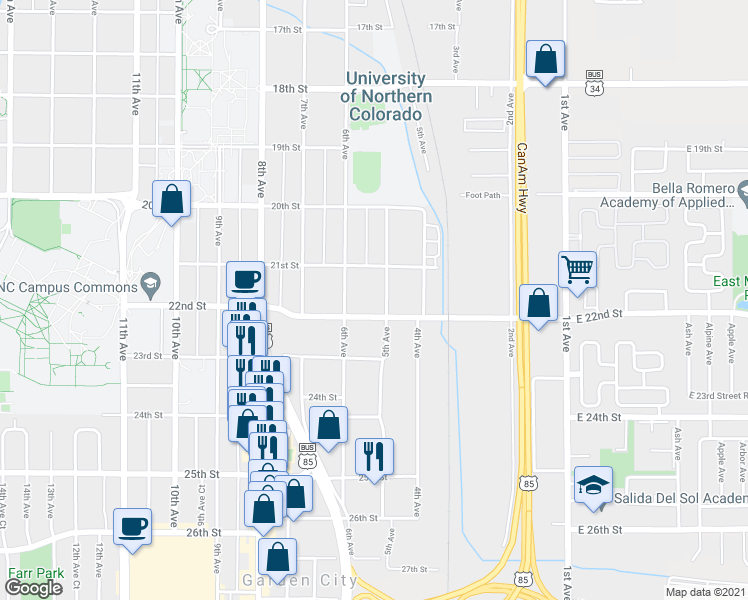 map of restaurants, bars, coffee shops, grocery stores, and more near 515 22nd Street in Greeley
