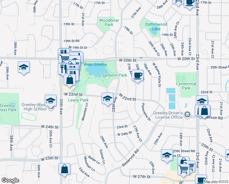 map of restaurants, bars, coffee shops, grocery stores, and more near 2736 West 22nd Street in Greeley