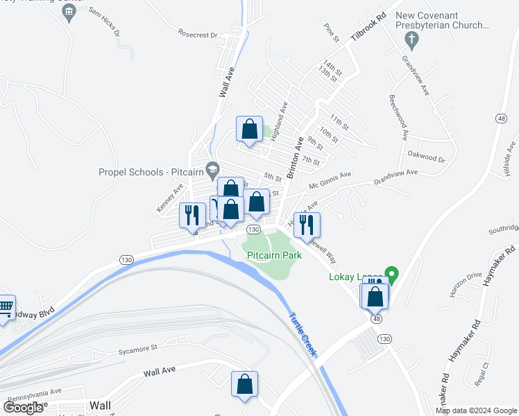 map of restaurants, bars, coffee shops, grocery stores, and more near 114 Highland Avenue in Pitcairn