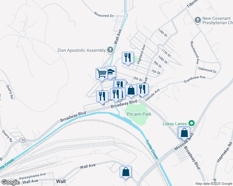 map of restaurants, bars, coffee shops, grocery stores, and more near 454 2nd Street in Pitcairn