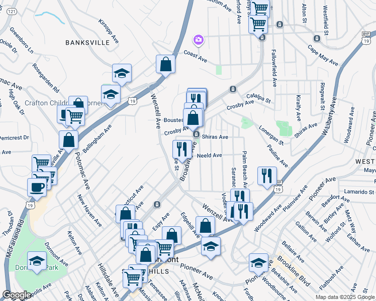 map of restaurants, bars, coffee shops, grocery stores, and more near 2300 Broadway Avenue in Pittsburgh