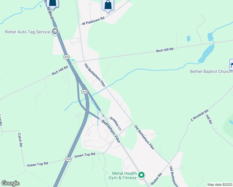 map of restaurants, bars, coffee shops, grocery stores, and more near 2529 Old Bethlehem Pike in Sellersville