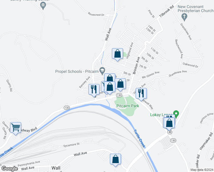 map of restaurants, bars, coffee shops, grocery stores, and more near 479 3rd Street in Pitcairn