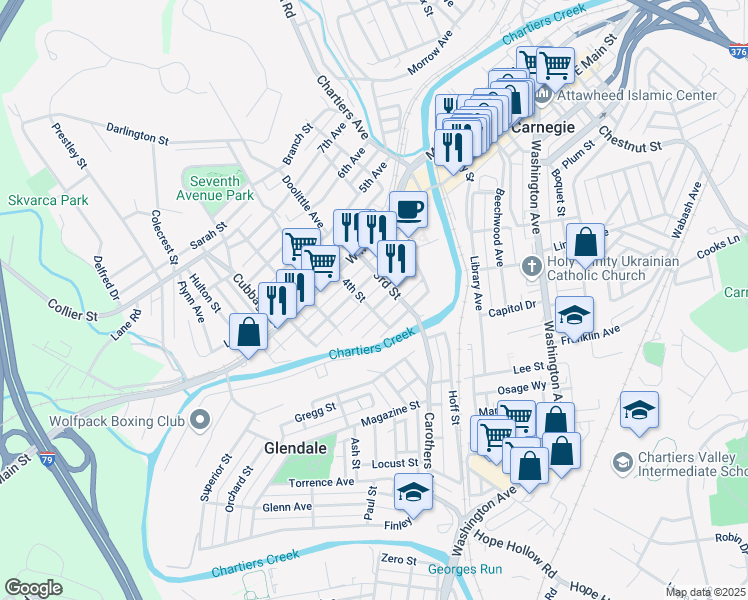 map of restaurants, bars, coffee shops, grocery stores, and more near 406 2nd Avenue in Carnegie